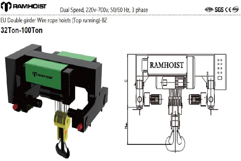 50 Ton High Capacity EU Electric Wire Rope Hoist for Port and Shipyard