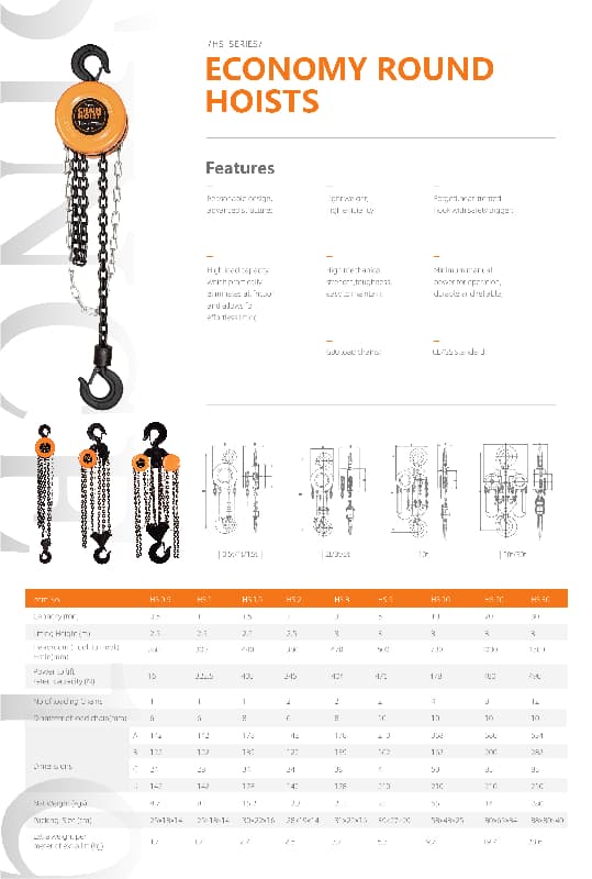 6 Meter Lift HS Series 750kg Chain Hoist for Workshop Assembly